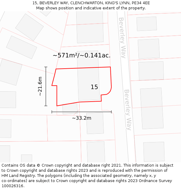 15, BEVERLEY WAY, CLENCHWARTON, KING'S LYNN, PE34 4EE: Plot and title map