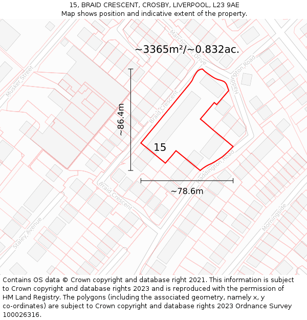 15, BRAID CRESCENT, CROSBY, LIVERPOOL, L23 9AE: Plot and title map