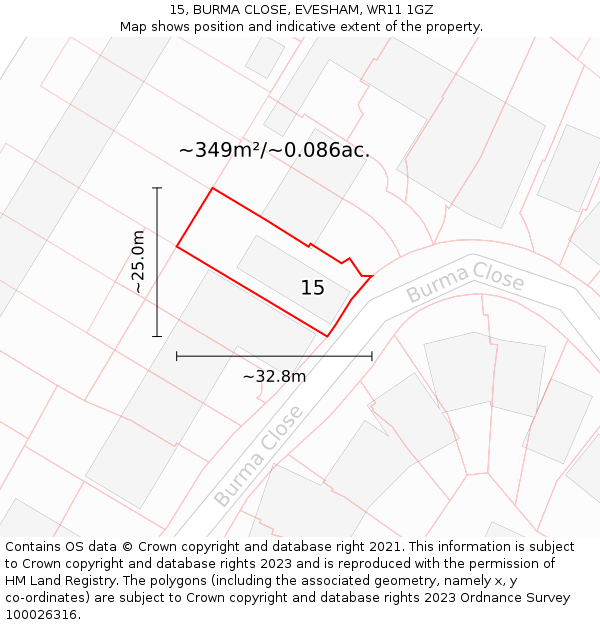15, BURMA CLOSE, EVESHAM, WR11 1GZ: Plot and title map