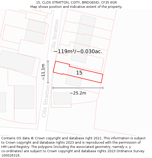 15, CLOS STRATTON, COITY, BRIDGEND, CF35 6GR: Plot and title map