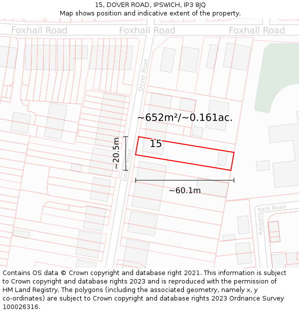 15, DOVER ROAD, IPSWICH, IP3 8JQ: Plot and title map
