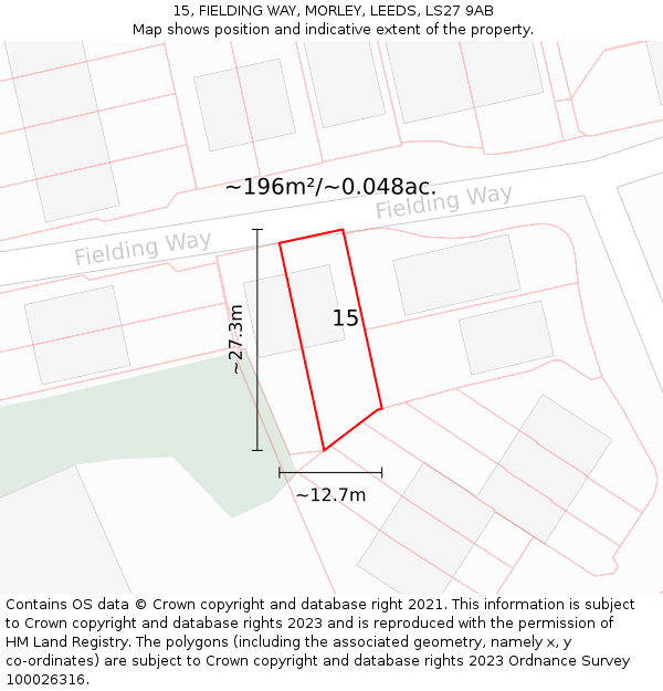 15, FIELDING WAY, MORLEY, LEEDS, LS27 9AB: Plot and title map