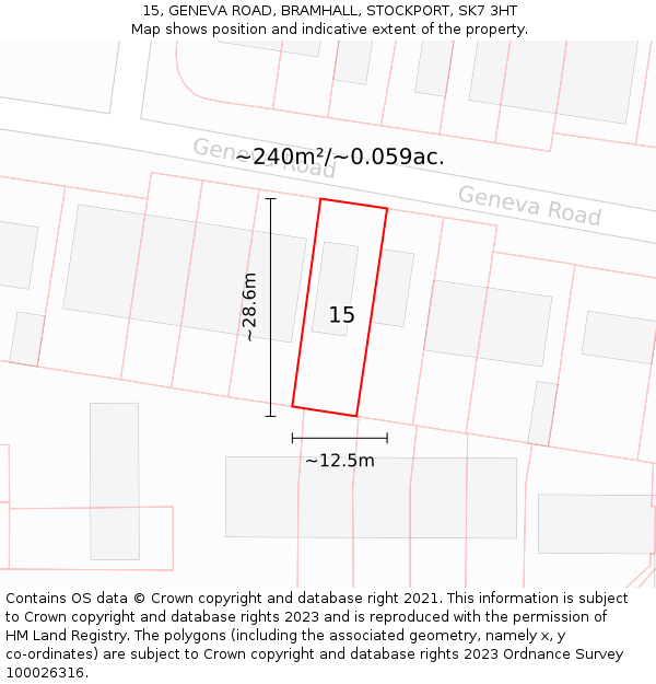 15, GENEVA ROAD, BRAMHALL, STOCKPORT, SK7 3HT: Plot and title map
