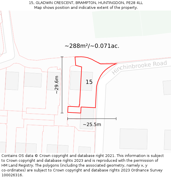 15, GLADWIN CRESCENT, BRAMPTON, HUNTINGDON, PE28 4LL: Plot and title map
