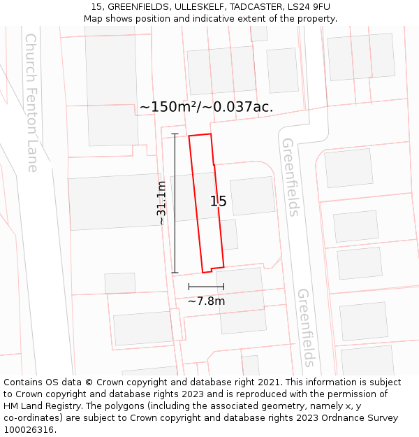 15, GREENFIELDS, ULLESKELF, TADCASTER, LS24 9FU: Plot and title map