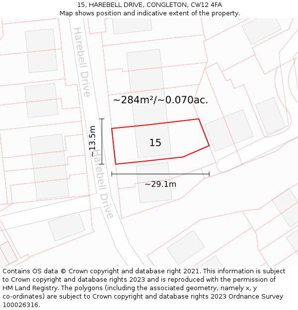 15, HAREBELL DRIVE, CONGLETON, CW12 4FA: Plot and title map