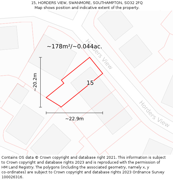 15, HORDERS VIEW, SWANMORE, SOUTHAMPTON, SO32 2FQ: Plot and title map