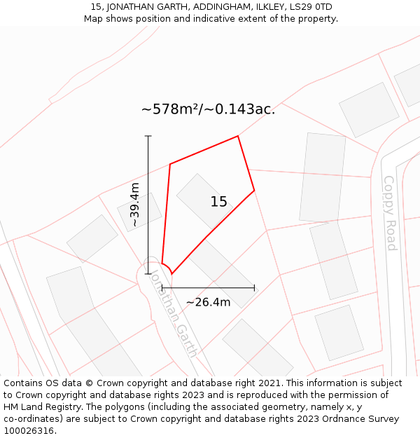 15, JONATHAN GARTH, ADDINGHAM, ILKLEY, LS29 0TD: Plot and title map