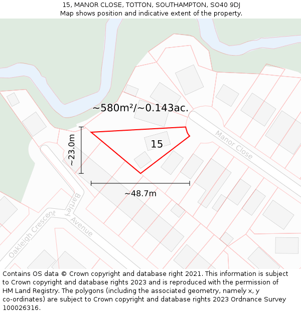 15, MANOR CLOSE, TOTTON, SOUTHAMPTON, SO40 9DJ: Plot and title map