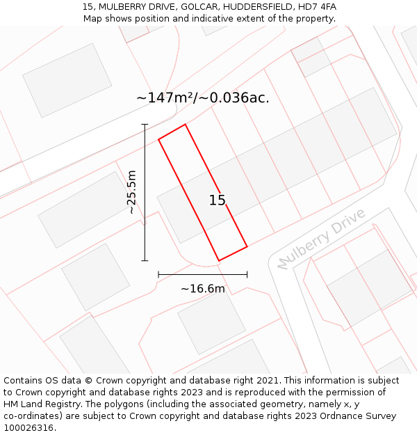 15, MULBERRY DRIVE, GOLCAR, HUDDERSFIELD, HD7 4FA: Plot and title map