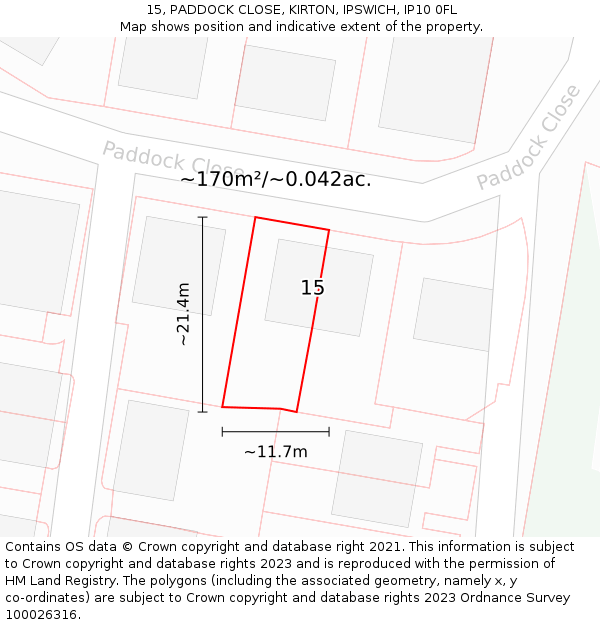 15, PADDOCK CLOSE, KIRTON, IPSWICH, IP10 0FL: Plot and title map