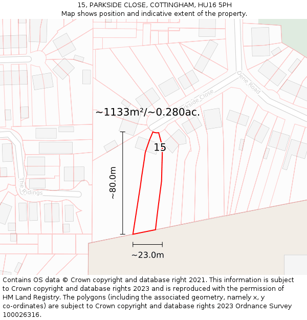 15, PARKSIDE CLOSE, COTTINGHAM, HU16 5PH: Plot and title map