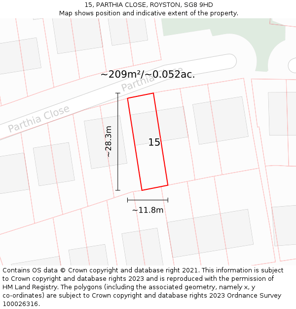15, PARTHIA CLOSE, ROYSTON, SG8 9HD: Plot and title map