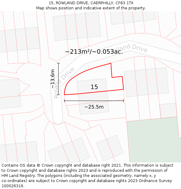 15, ROWLAND DRIVE, CAERPHILLY, CF83 1TX: Plot and title map