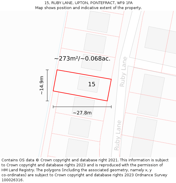15, RUBY LANE, UPTON, PONTEFRACT, WF9 1FA: Plot and title map