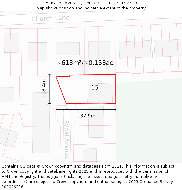 15, RYDAL AVENUE, GARFORTH, LEEDS, LS25 1JG: Plot and title map