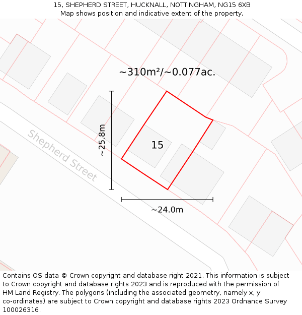 15, SHEPHERD STREET, HUCKNALL, NOTTINGHAM, NG15 6XB: Plot and title map