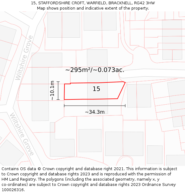 15, STAFFORDSHIRE CROFT, WARFIELD, BRACKNELL, RG42 3HW: Plot and title map