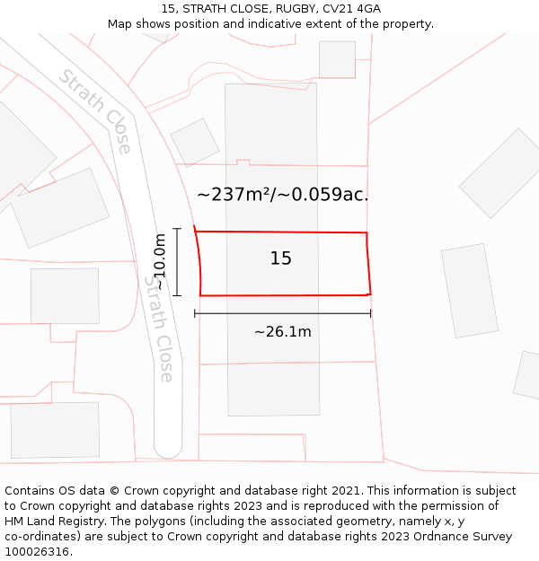 15, STRATH CLOSE, RUGBY, CV21 4GA: Plot and title map
