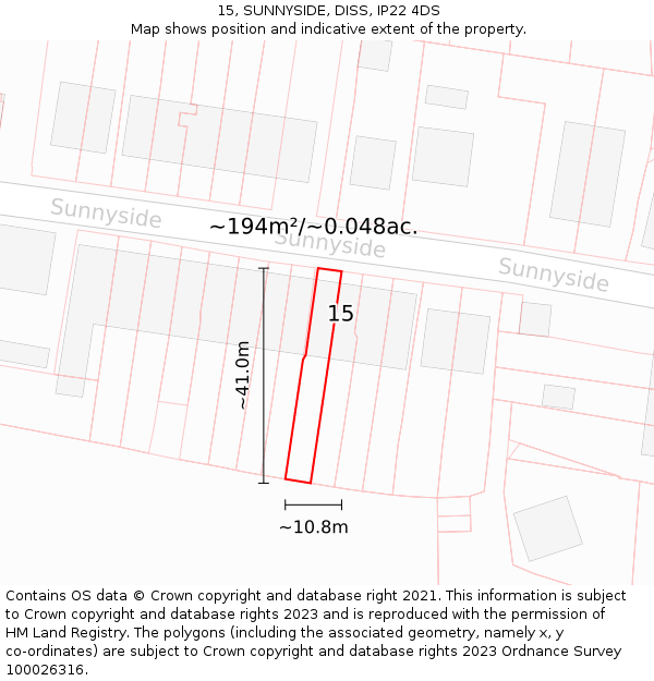 15, SUNNYSIDE, DISS, IP22 4DS: Plot and title map