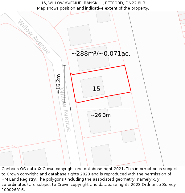15, WILLOW AVENUE, RANSKILL, RETFORD, DN22 8LB: Plot and title map
