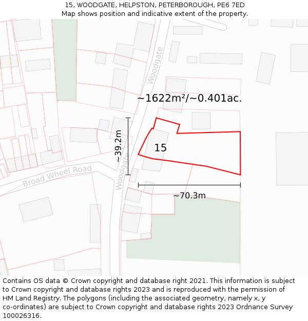 15, WOODGATE, HELPSTON, PETERBOROUGH, PE6 7ED: Plot and title map