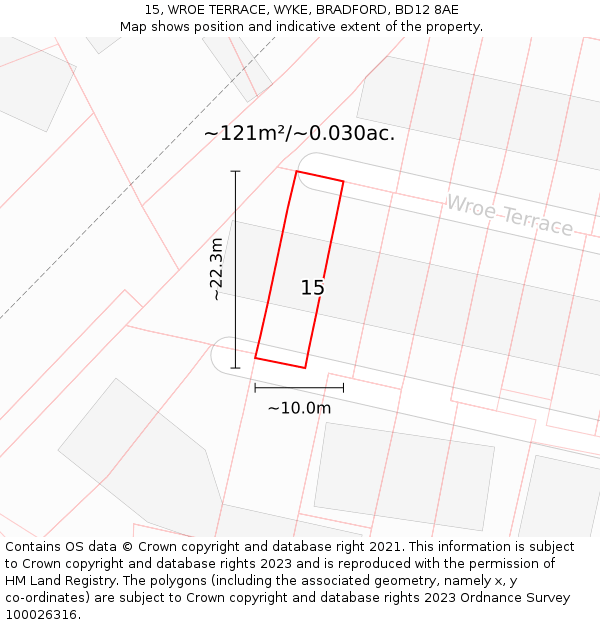 15, WROE TERRACE, WYKE, BRADFORD, BD12 8AE: Plot and title map