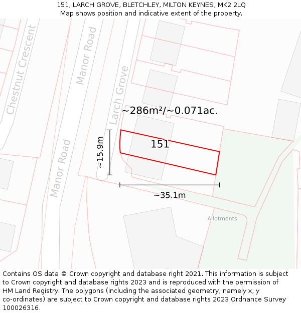 151, LARCH GROVE, BLETCHLEY, MILTON KEYNES, MK2 2LQ: Plot and title map