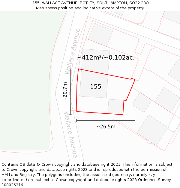 155, WALLACE AVENUE, BOTLEY, SOUTHAMPTON, SO32 2RQ: Plot and title map