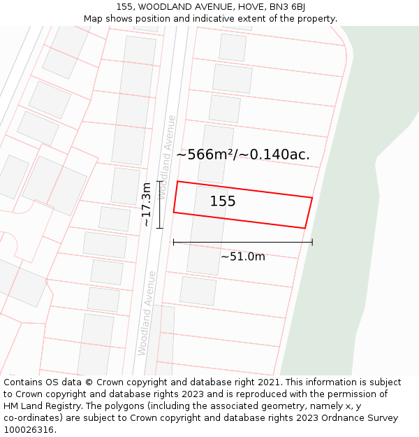 155, WOODLAND AVENUE, HOVE, BN3 6BJ: Plot and title map