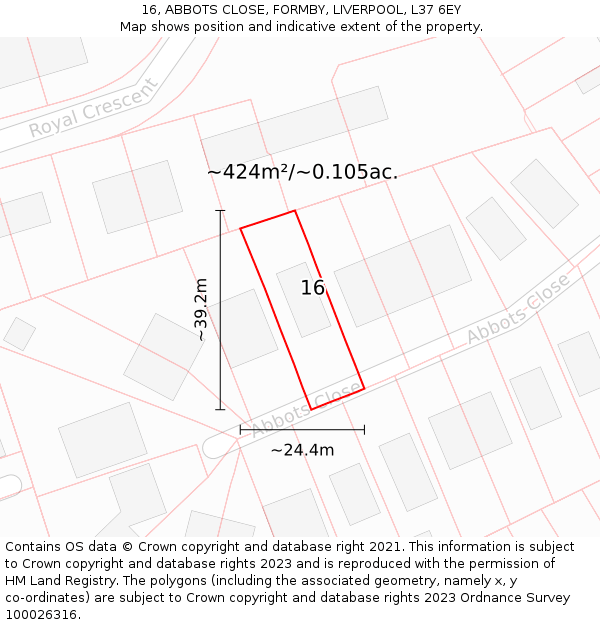 16, ABBOTS CLOSE, FORMBY, LIVERPOOL, L37 6EY: Plot and title map