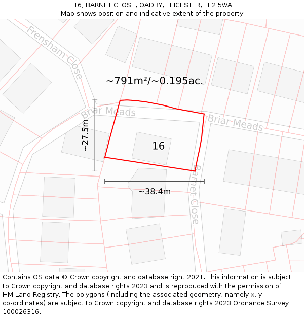 16, BARNET CLOSE, OADBY, LEICESTER, LE2 5WA: Plot and title map