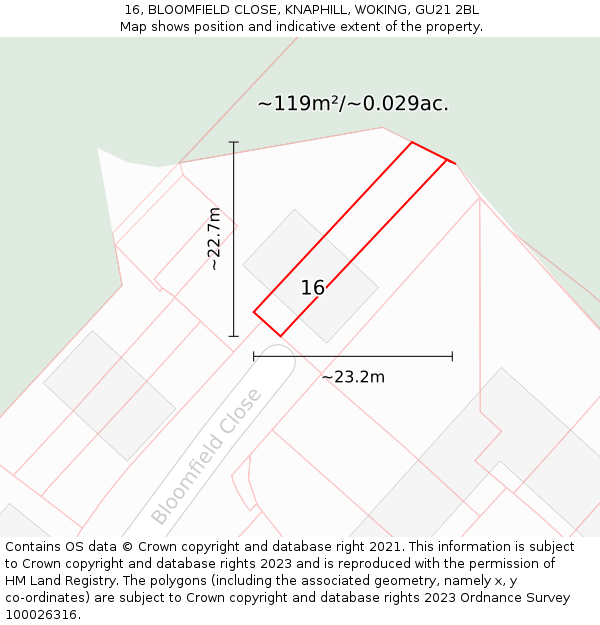 16, BLOOMFIELD CLOSE, KNAPHILL, WOKING, GU21 2BL: Plot and title map