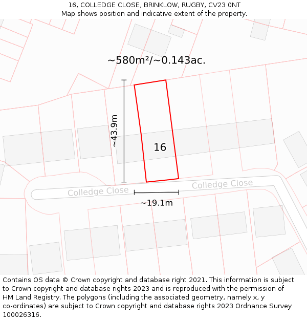16, COLLEDGE CLOSE, BRINKLOW, RUGBY, CV23 0NT: Plot and title map