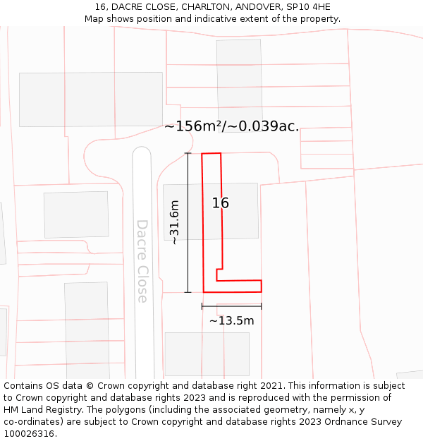 16, DACRE CLOSE, CHARLTON, ANDOVER, SP10 4HE: Plot and title map