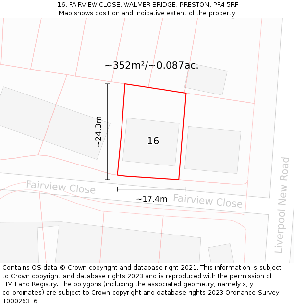 16, FAIRVIEW CLOSE, WALMER BRIDGE, PRESTON, PR4 5RF: Plot and title map