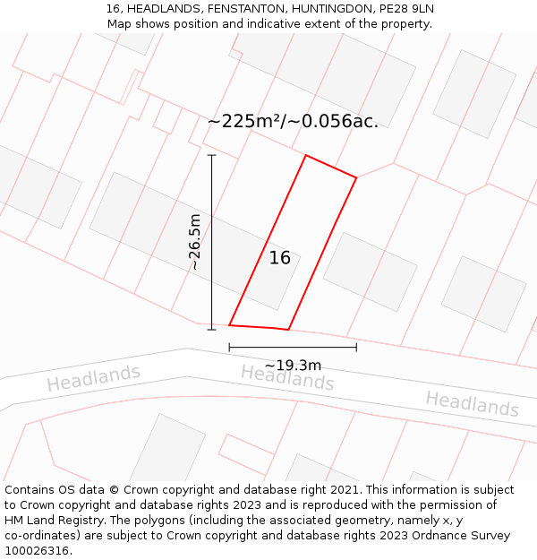 16, HEADLANDS, FENSTANTON, HUNTINGDON, PE28 9LN: Plot and title map