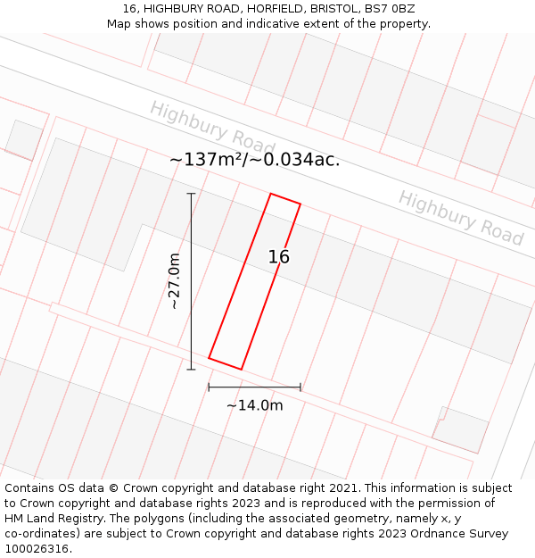 16, HIGHBURY ROAD, HORFIELD, BRISTOL, BS7 0BZ: Plot and title map