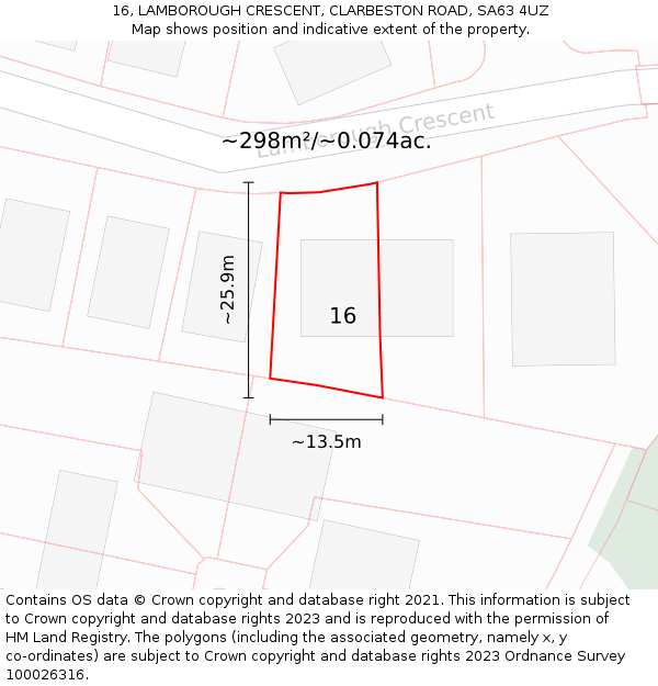 16, LAMBOROUGH CRESCENT, CLARBESTON ROAD, SA63 4UZ: Plot and title map