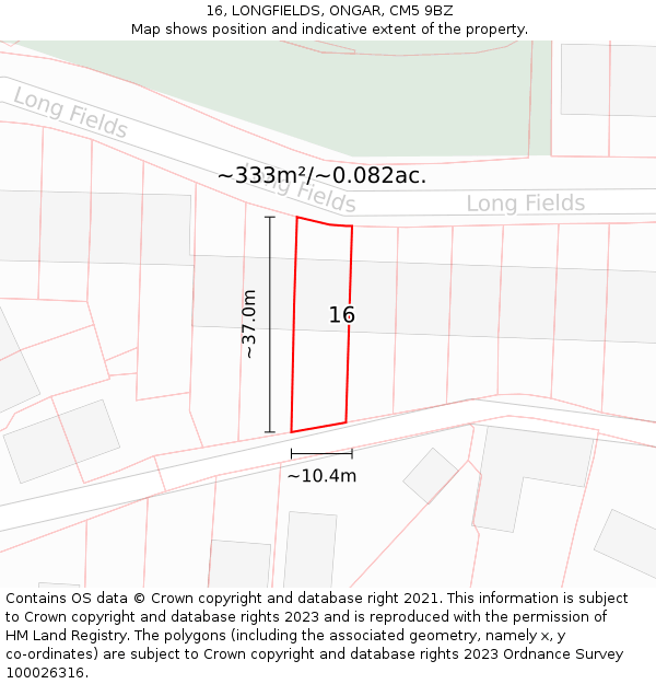 16, LONGFIELDS, ONGAR, CM5 9BZ: Plot and title map