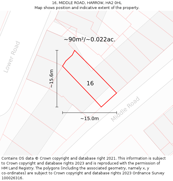16, MIDDLE ROAD, HARROW, HA2 0HL: Plot and title map