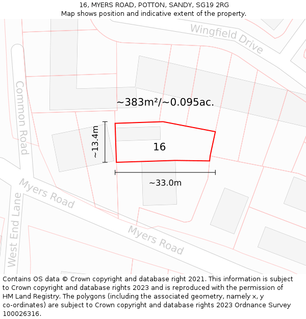 16, MYERS ROAD, POTTON, SANDY, SG19 2RG: Plot and title map
