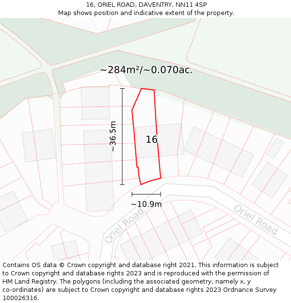 16, ORIEL ROAD, DAVENTRY, NN11 4SP: Plot and title map
