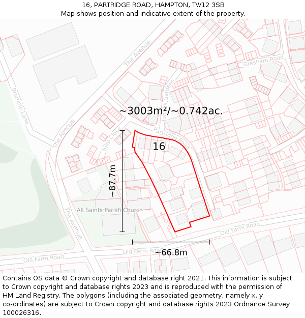 16, PARTRIDGE ROAD, HAMPTON, TW12 3SB: Plot and title map