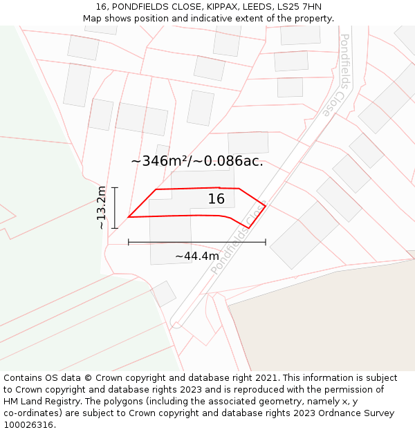 16, PONDFIELDS CLOSE, KIPPAX, LEEDS, LS25 7HN: Plot and title map