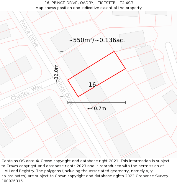 16, PRINCE DRIVE, OADBY, LEICESTER, LE2 4SB: Plot and title map