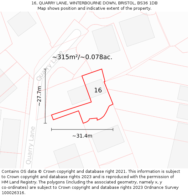 16, QUARRY LANE, WINTERBOURNE DOWN, BRISTOL, BS36 1DB: Plot and title map