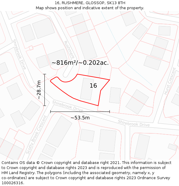 16, RUSHMERE, GLOSSOP, SK13 8TH: Plot and title map