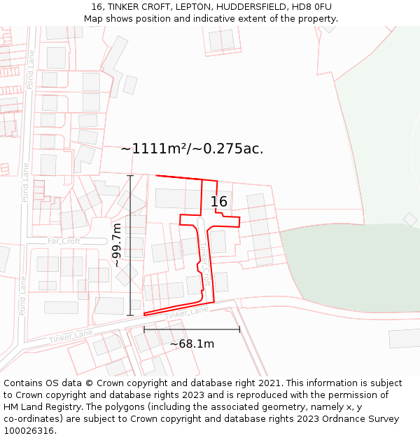 16, TINKER CROFT, LEPTON, HUDDERSFIELD, HD8 0FU: Plot and title map