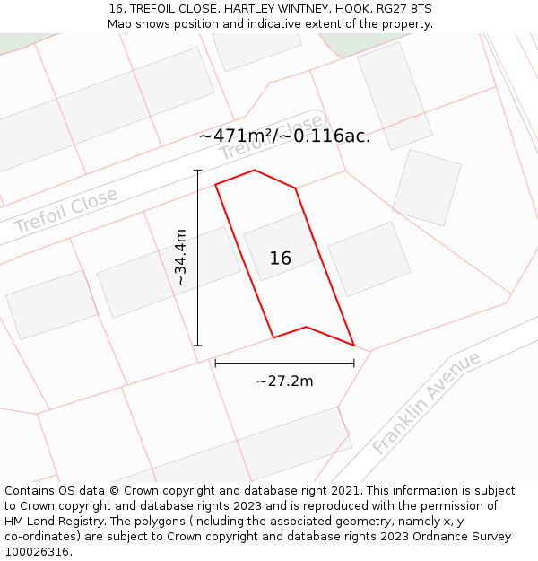 16, TREFOIL CLOSE, HARTLEY WINTNEY, HOOK, RG27 8TS: Plot and title map